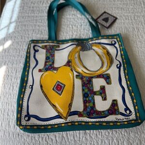 Brighton Teal Canvas LOVE Tote with Yellow Heart Accents